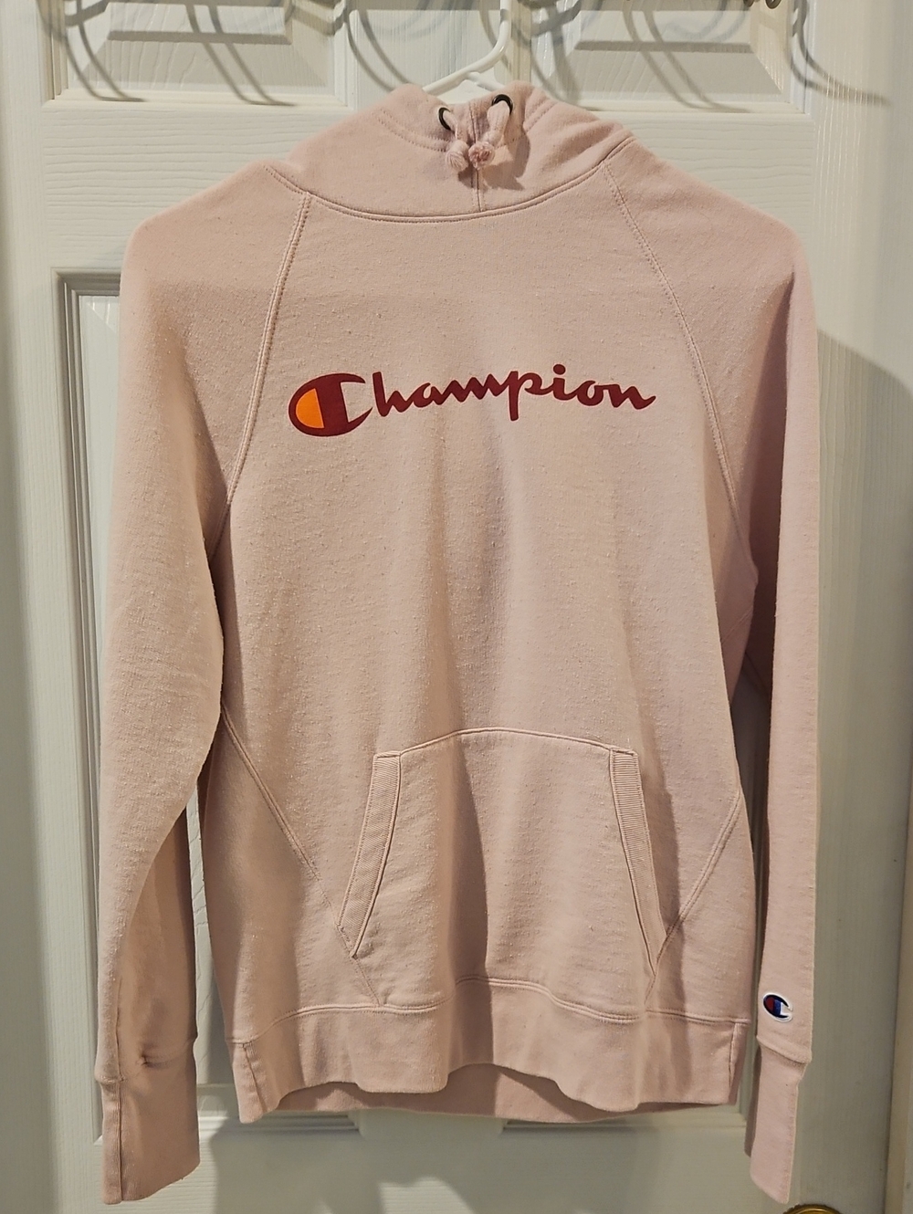 Champion Light Pink Hoodie with Burgundy Logo